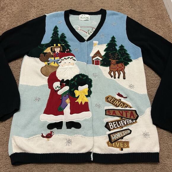 Quaker Factory Knit Christmas Cardigan Santa Angel Blue Black Size XL? *NO TAG - Picture 1 of 6